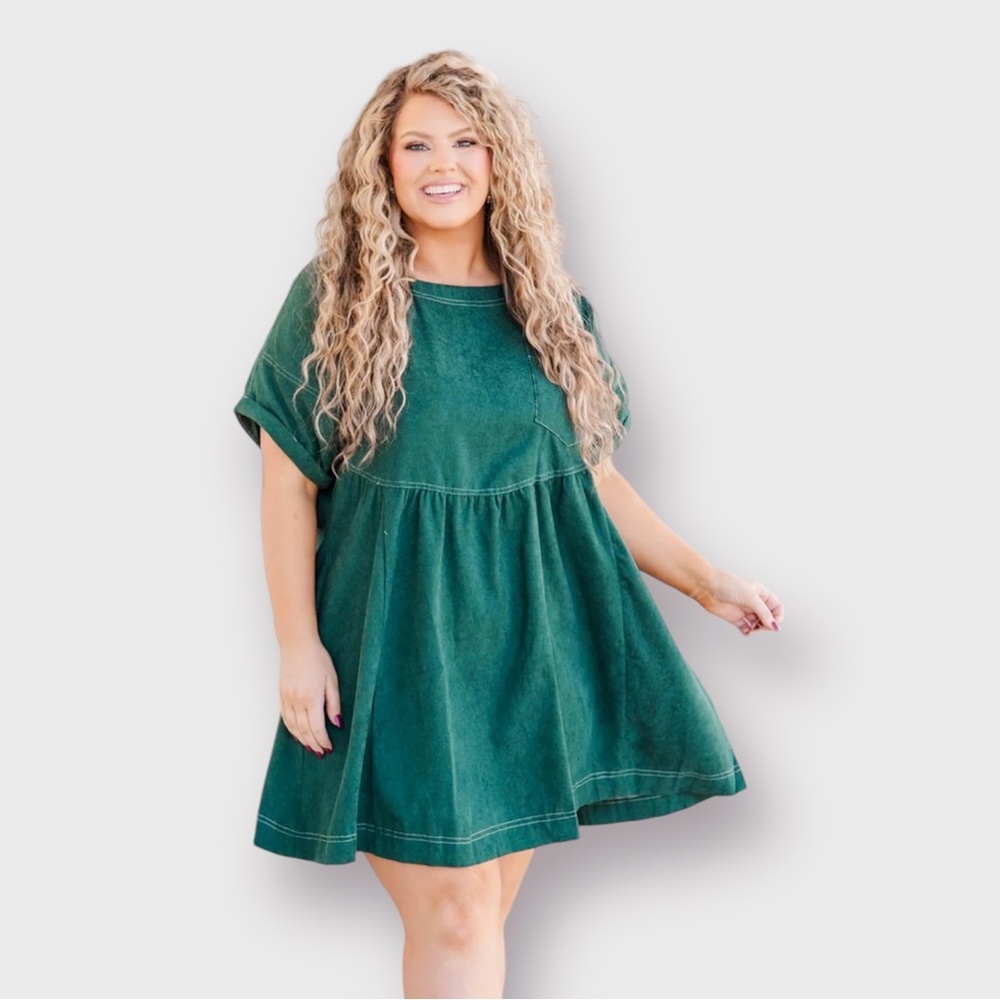 Chic Soul Woman’s Hunter Green Short Sleeve Corduroy Mini Dress Size XL